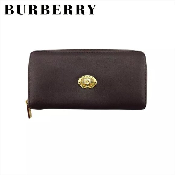 BURBERRY Round Zipper Wallet Leather Auth Used - Picture 1 of 7